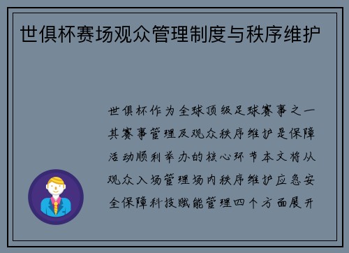 世俱杯赛场观众管理制度与秩序维护